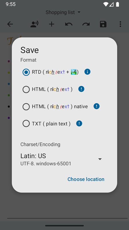 Save files in various document formats in Oojao Text Editor MOD APK