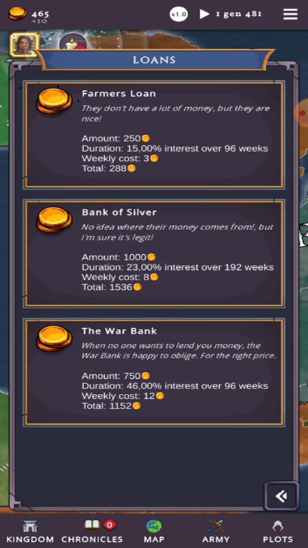 Obtain loans from various financial institutions in Clovis Medieval Grand Strategy MOD APK