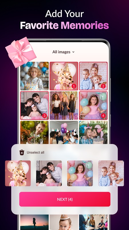 Choose and add your favorite photos to create a video in Happy Birthday Video Maker MOD APK