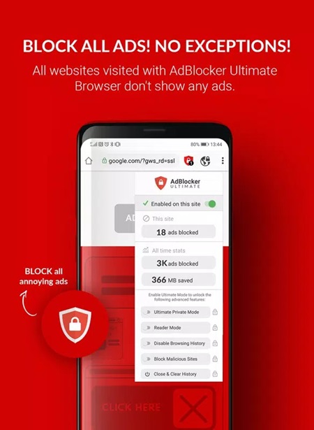 Browse safely and without annoying ads in AdBlocker Ultimate Browser MOD APK