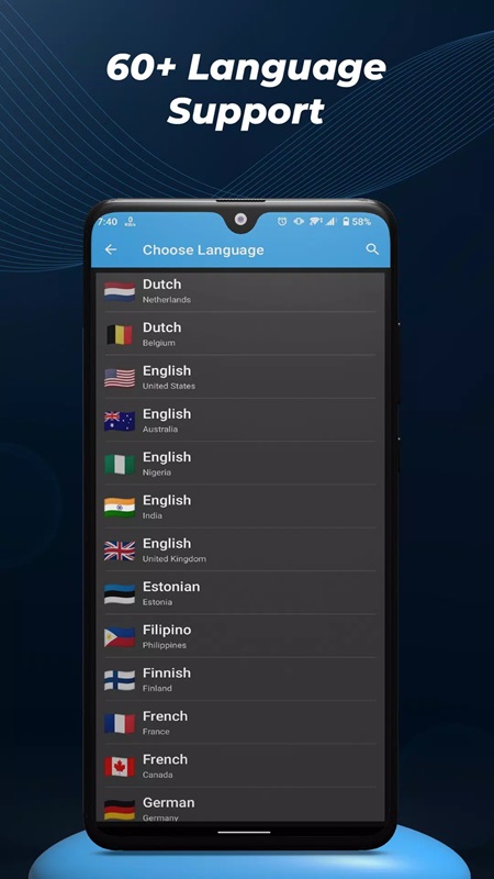 Various popular languages ​​for you to choose when converting in Text To Speech MOD APK
