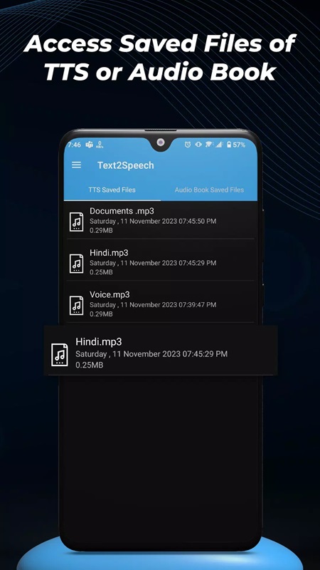 Manage and search saved audio files in Text To Speech MOD APK