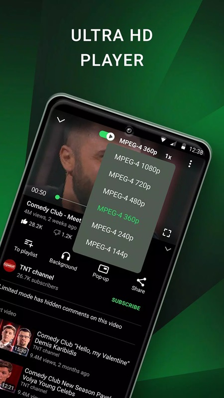 Resolution options for video playback in GreenTuber MOD APK