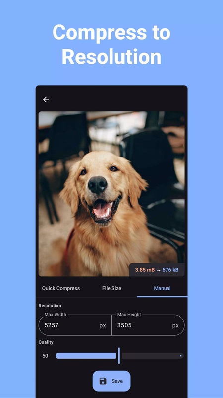 Customize image height and width as desired in Compress Image MOD APK