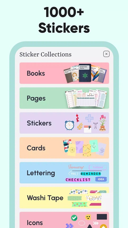 Over 1000 unique stickers, suitable for many planner templates for you to choose from in Daily Planner and Journal MOD APK