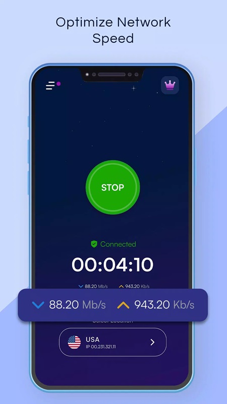 Monitor your device's network connection speed every second in VPN Pronto MOD APK