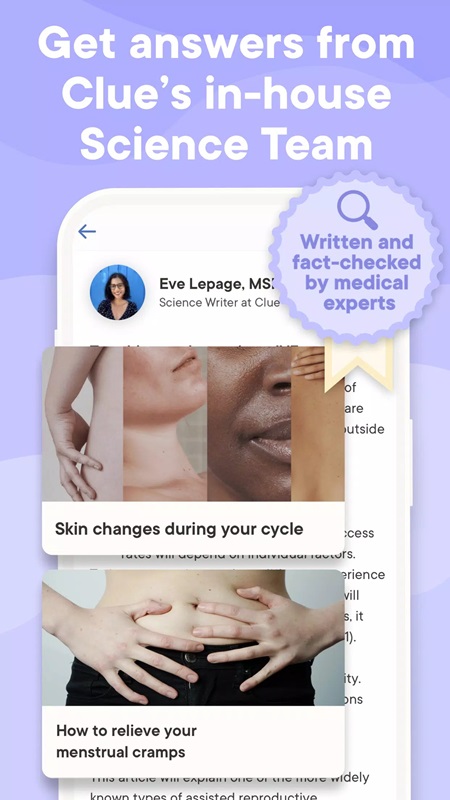 Learn and select useful advice from doctors in Clue Cycle & Period Tracker MOD APK