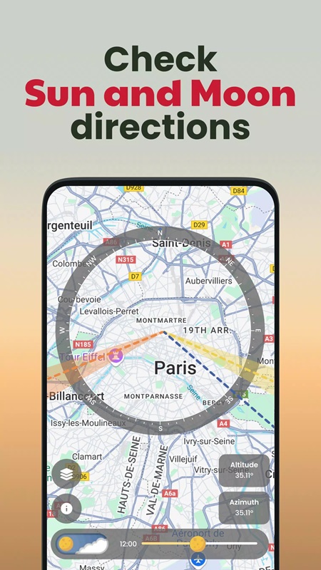 Check the direction of the moon and the sun through the map in Golden Hour Sunset & Sunrise MOD APK