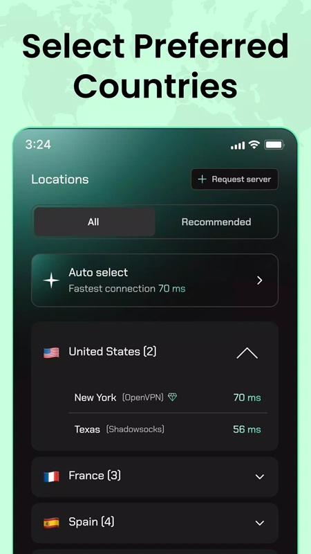 Freely choose servers worldwide in Bolt VPN MOD APK