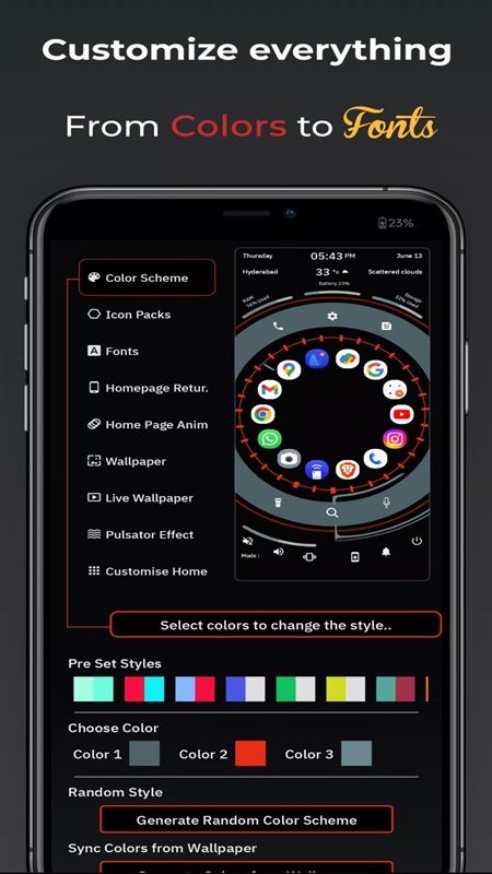 Change the display colors for your phone's interface in Orbit Launcher MOD APK