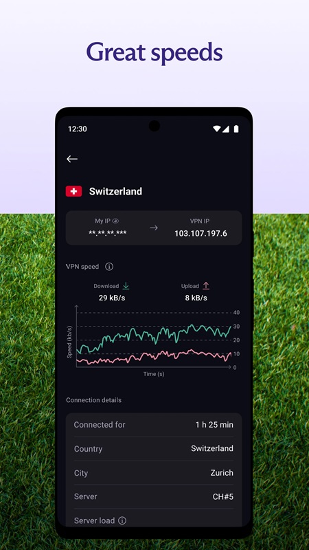 Monitor the upload and download metrics of the servers in Proton VPN MOD APK
