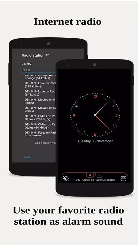 Use audio from radio to set alarm in Day and night clock MOD APK