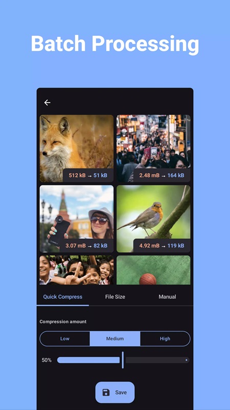 Easily process multiple photos at once in Compress Image MOD APK