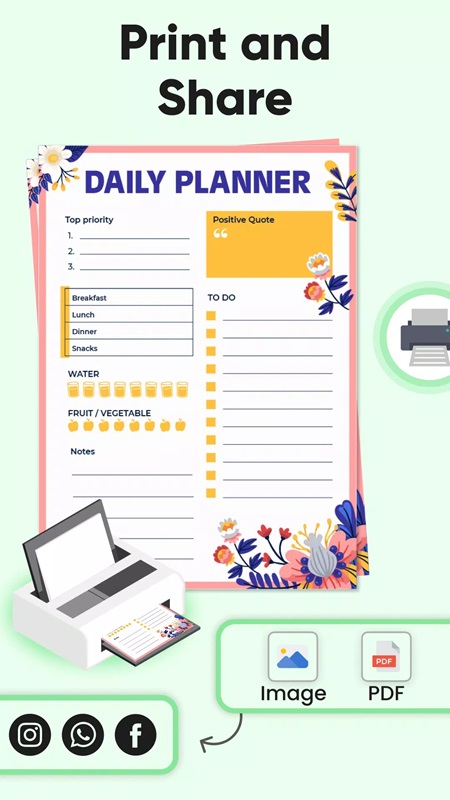 Easily print and share plans on social media platforms in Daily Planner and Journal MOD APK