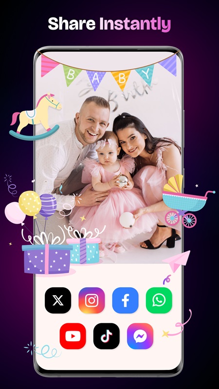 Share your newly created videos on social media platforms in Happy Birthday Video Maker MOD APK
