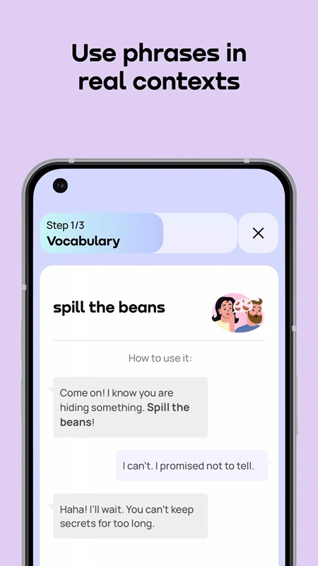 Use learned phrases in many real-life contexts in Promova MOD APK