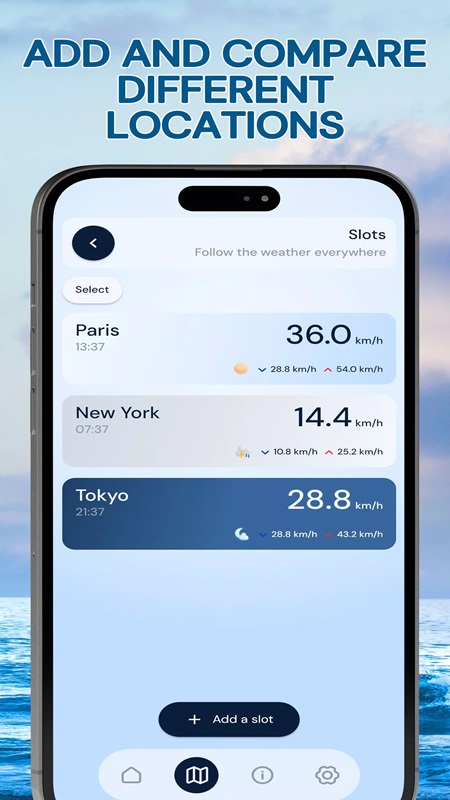 Feel free to add other locations for convenient comparison of wind index in Wind Compass Speed, Beaufort MOD APK
