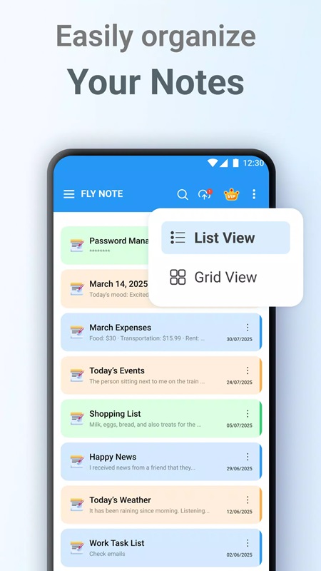 Easily manage and organize notes by row or column in FlyNote MOD APK