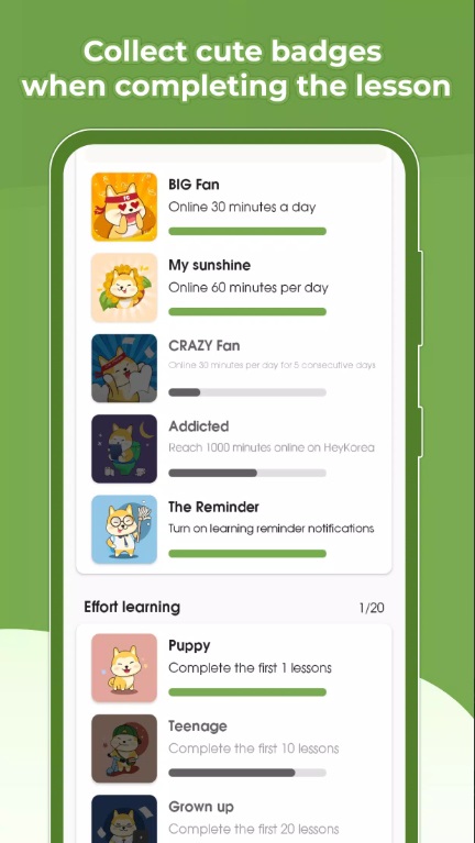 Complete new lessons and review exercises to collect many badges in HeyKorea MOD APK