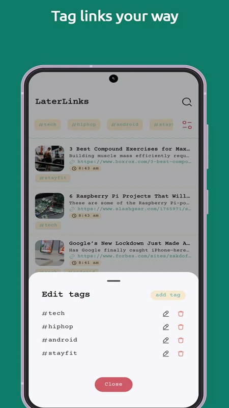 Add and customize sorting tags in LaterLinks MOD APK