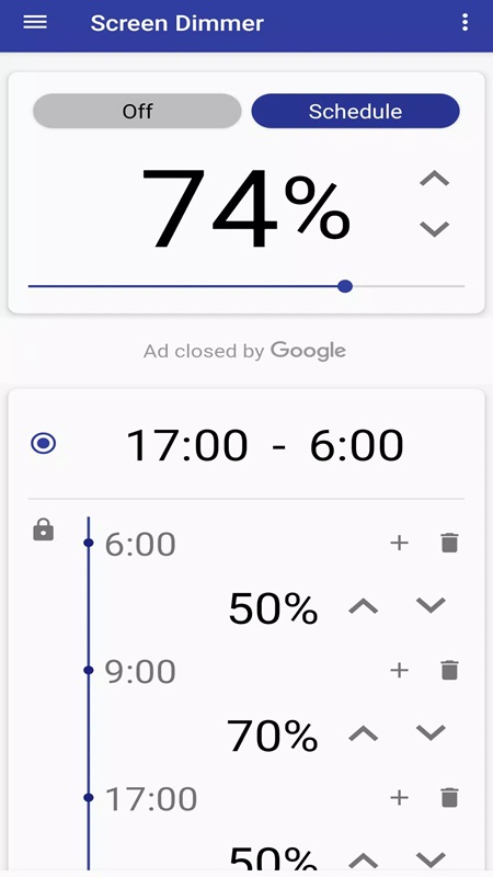 Set up a custom brightness schedule to suit your personal needs in Auto Screen Dimmer MOD APK