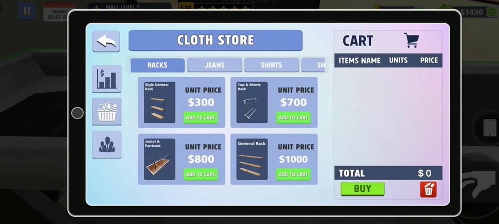 Buy more clothes racks to bring to your store in Mall & Fast Food Simulator 3D MOD APK