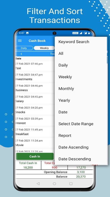 Arrange transactions by order, date, month in Cash Book- expense manager MOD APK