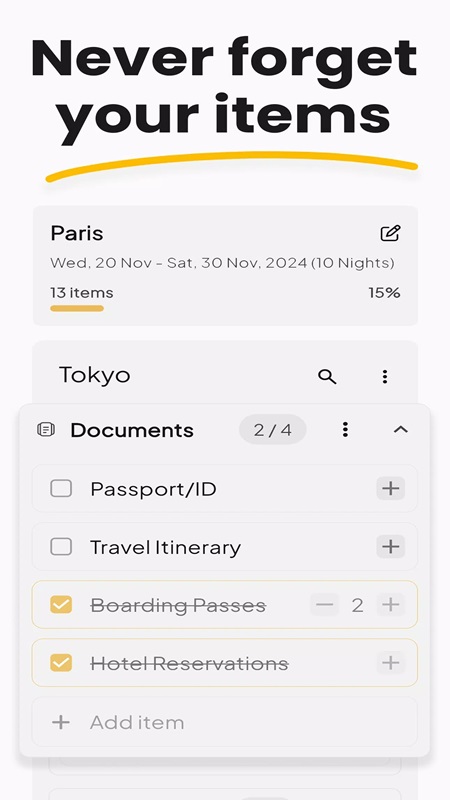 Choose from a wider selection of essential items for your trips in PackMate MOD APK
