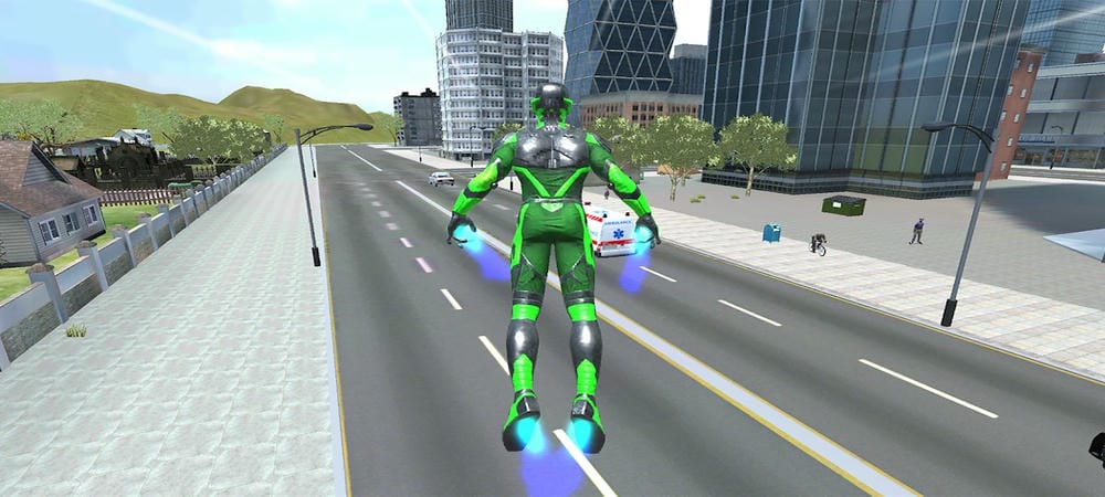 You can fly, jump, and swing on walls in Rope Frog Ninja Hero Car Vegas MOD APK