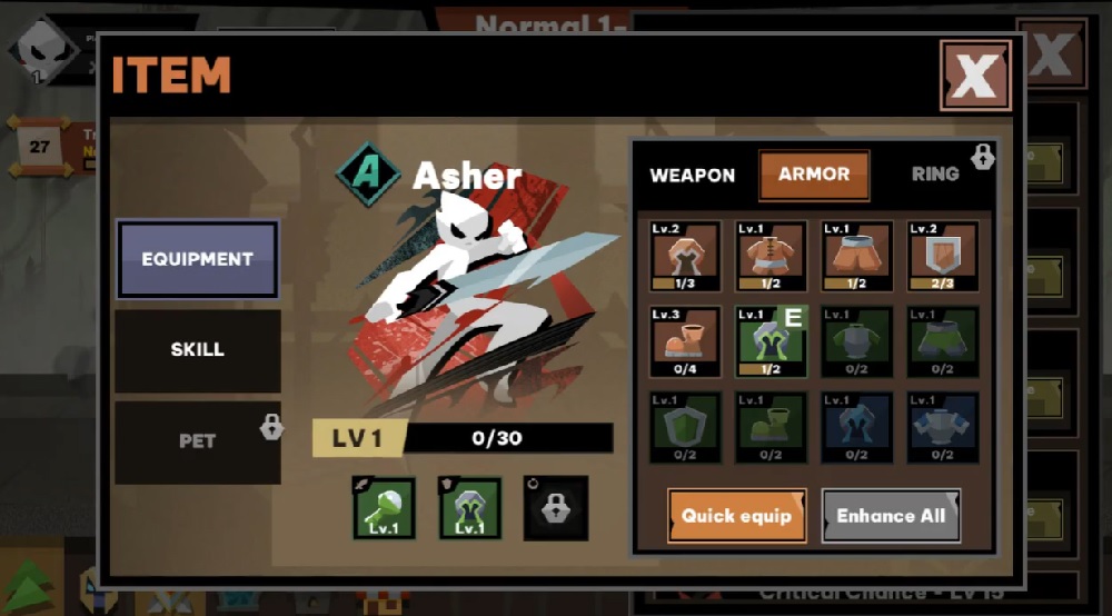 Add equipment and upgrade stats for your hero in Stickman vs Monster MOD APK