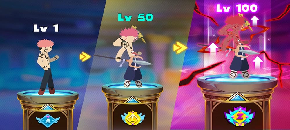 The appearance and strength of heroes can change continuously when upgraded in Stick Cursed MOD APK