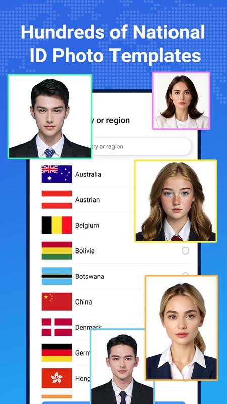 Supports creating passport photos for various countries in Passport Photo MOD APK