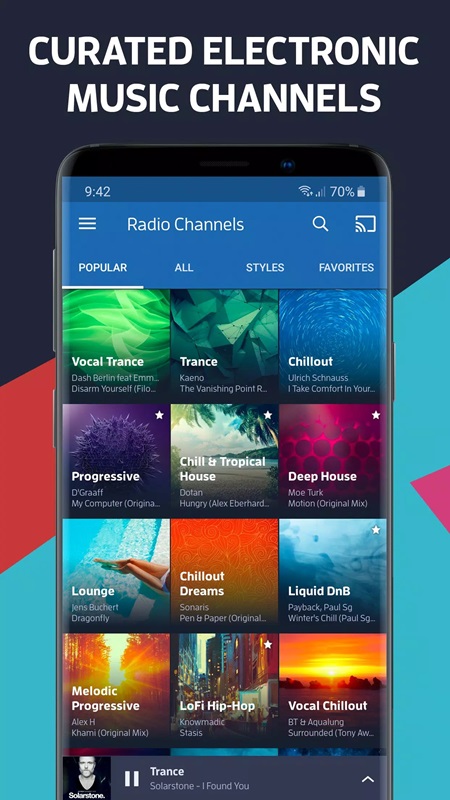 Many genres of electronic music are carefully selected in DI.FM Electronic Music Radio MOD APK 