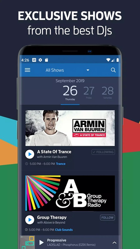 Follow the live broadcast schedule of exclusive DJ shows in DI.FM Electronic Music Radio MOD APK