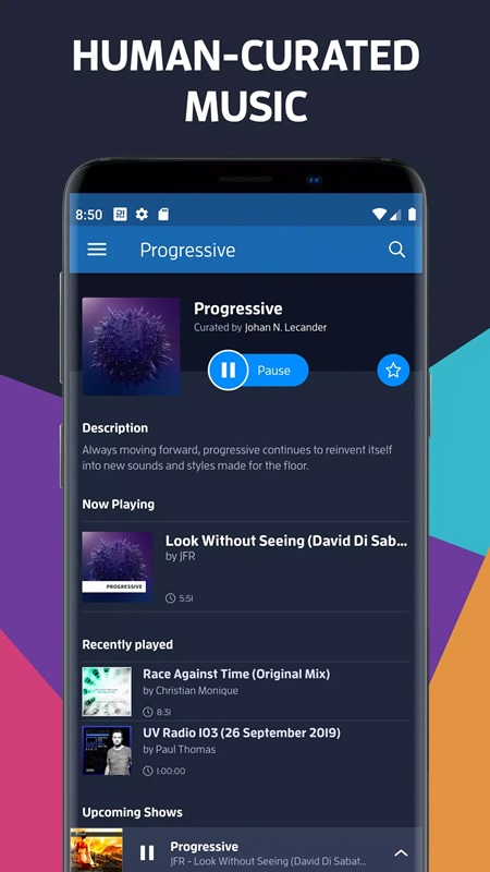 Show full details about tracks and performers in DI.FM Electronic Music Radio MOD APK 