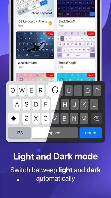 Freely change the display theme of the keyboard in Keyboard OS 18 MOD APK