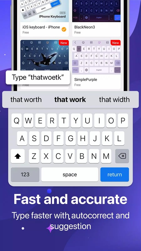 Fast and accurate typing speed with smart word suggestion tool in Keyboard OS 18 MOD APK