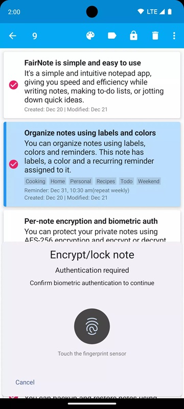 Install encryption and biometrics to protect important information and data in FairNote MOD APK