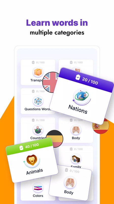 Diverse vocabulary topics for learners to refer to in 10 Minute Language MOD APK
