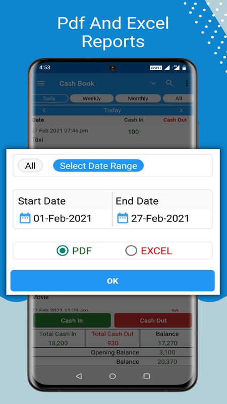 Save and share transactions in PDF and Excel formats in Cash Book- expense manager MOD APK