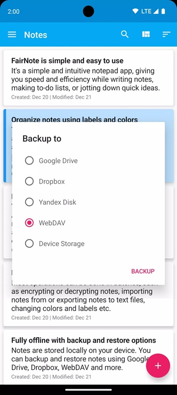 Backup and restore notes on various tools in FairNote MOD APK
