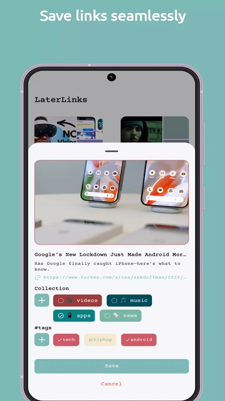 Select the appropriate tags for the content in LaterLinks MOD APK