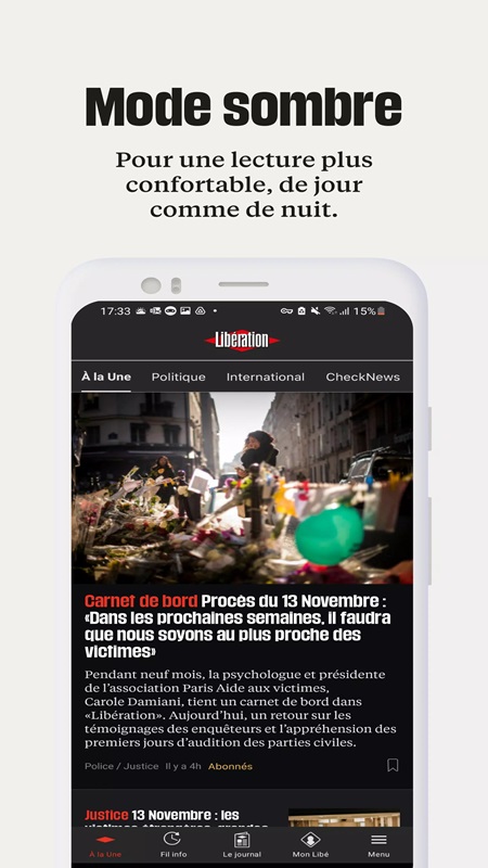 Change display mode from light to dark and vice versa in Libération MOD APK