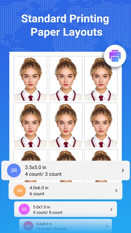 Choose from a diverse range of print sizes to suit your specific needs in Passport Photo MOD APK