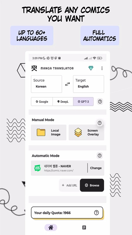 Fast translation with over 60 different languages in Manga Translator MOD APK