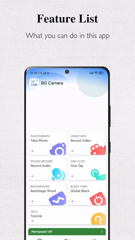 Easily record videos, take pictures, record audio in background in Background Camera MOD APK