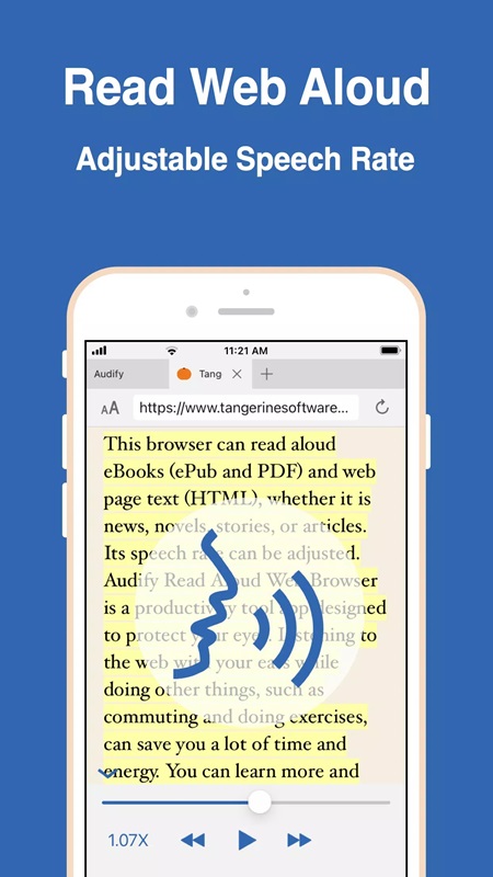 Adjust the reading speed freely in Audify read aloud web browser MOD APK