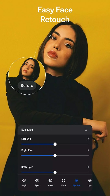 Use beauty tools to enhance your skin, eyes, and lips in AI Enlarger MOD APK