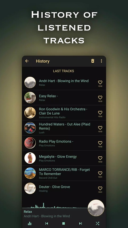 Manage history and add content to favorites in Chillout & Lounge music radio MOD APK