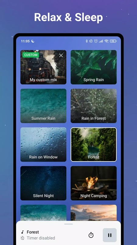 Choose relaxing sounds to suit your mood in Sleep Sounds White Noise MOD APK